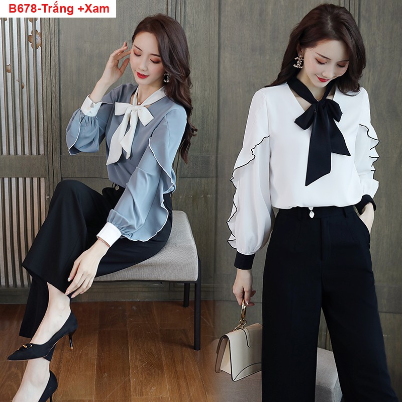 B678-ÁO SƠ MI TAY VIỀN BÈO cổ nơ TRẺ TRUNG