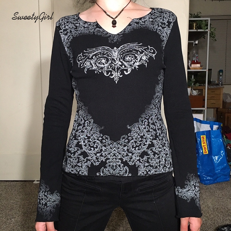 Áo Thun Tay Dài Cổ Chữ V In Họa Tiết Đôi Cánh Hoạt Hình Màu Tương Phản Dành Cho Nữ