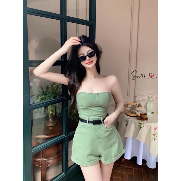 Jumpsuit jeans quây cúp ngực kèm belt