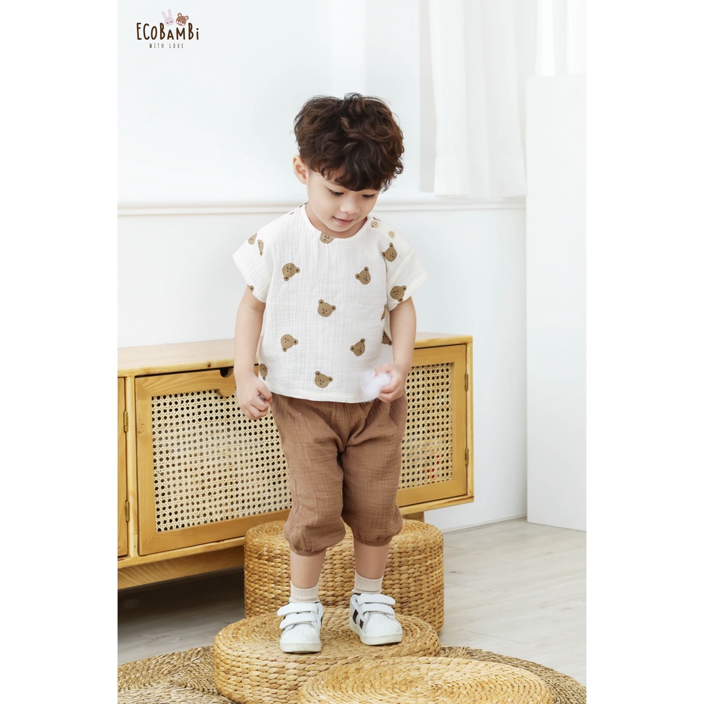 Bộ cotton Muslin Unisex TAY NGẮN, QUẦN THỤNG phong cách Hàn Quốc cho bé - ECOBAMBI