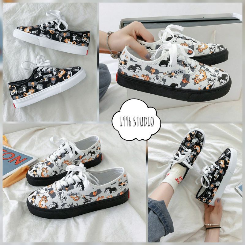 ORDER Giày slip on họa tiết những chú mèo hai màu đen trắng có ảnh thật