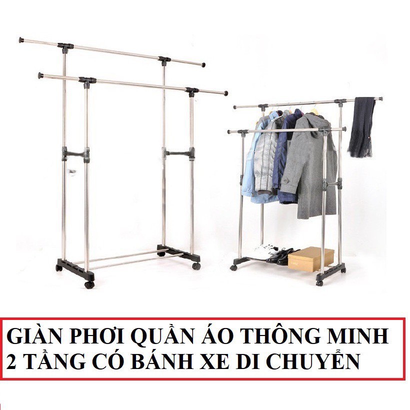 Kệ phơi quần áo đa năng 2 tầng inox di động