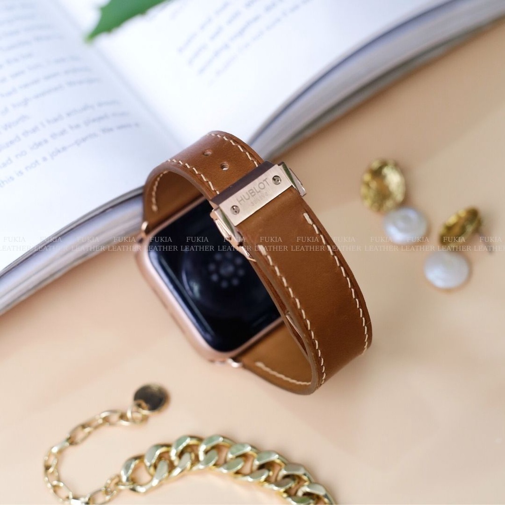 Dây da thủ công Barenia dành cho Apple Watch, đồng hồ thông minh, đồng hồ cơ