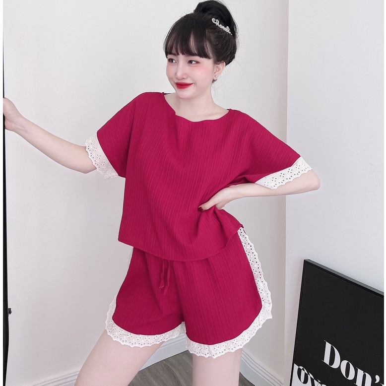 Bộ Ngủ Nữ Đũi Sọc Cổ Tròn Phối Ren Coton SOJUN Vải Đũi Trơn Dưới 70Kg