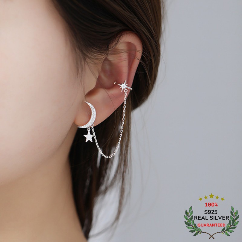 Bông Tai Bạc S925 Ear Cuff Trăng Sao Trẻ Trung Cá Tính | Khuyên Tai Nữ Trang Sức Bạc Thời Trang Ear Cuff