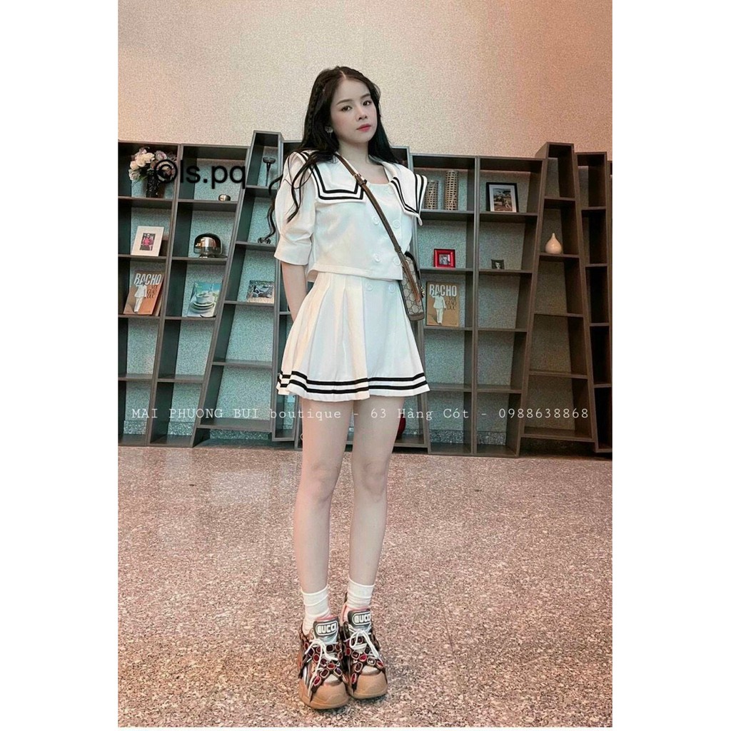 Set chan vay⚡Bán Lỗ⚡áo cổ viền kèm chân váy có viền màu trắng dài tay chấy liệu cotton[ v04] | BigBuy360 - bigbuy360.vn