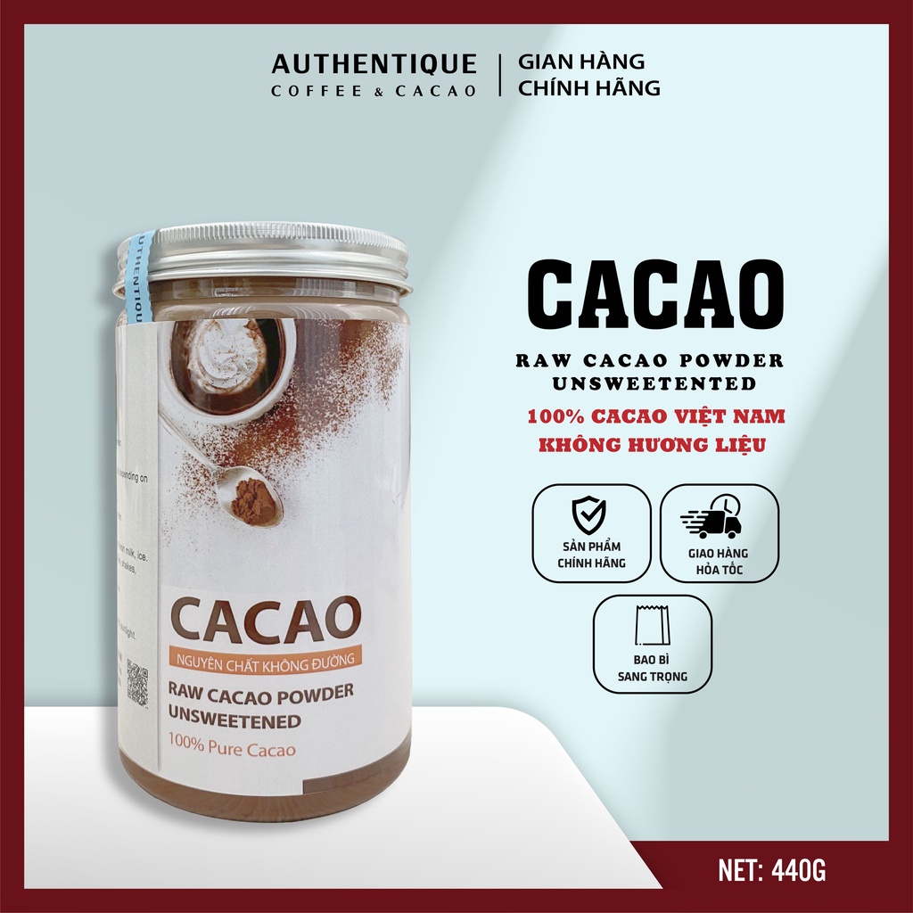 Bột Cacao Nguyên chất Không đường - Hũ 440gr - Hỗ trợ đẹp da, giữ dáng | Authentique Cacao