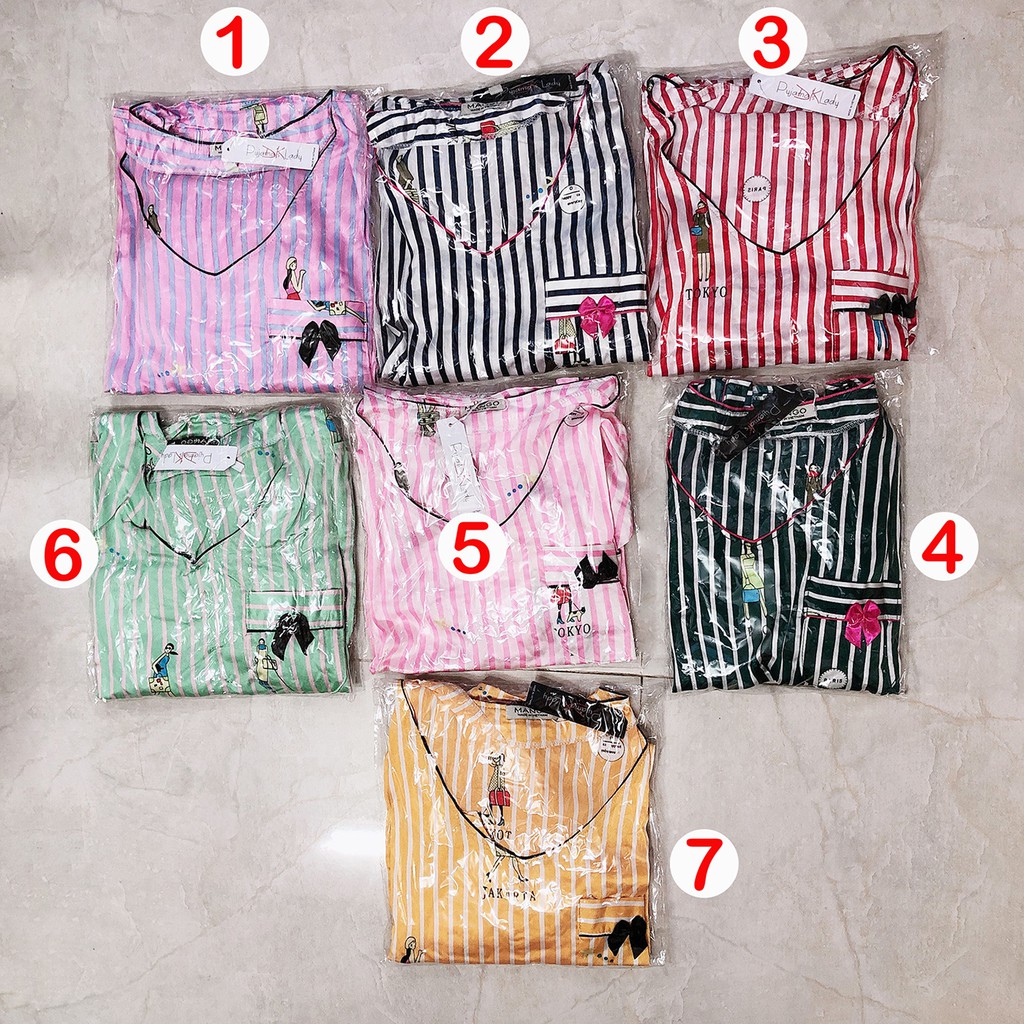 Bộ mặc nhà lụa satin thoáng mát, bộ ngủ cộc họa tiết kẻ sọc