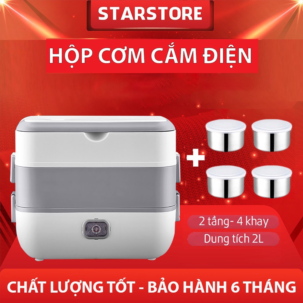 Hộp cơm cắm điện văn phòng 2 tầng 4 bát inox có chức năng giữ nhiệt, hâm nóng và tự nấu chín dễ mang theo