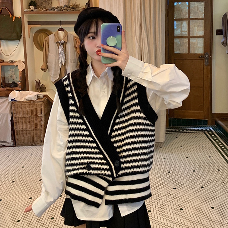 Áo gile len Hàn Quốc croptop Kẻ Sọc Kiểu Cổ V Hàn Quốc Họa Tiết Dễ Thương Ulzzang thời trang Xiaozhainv vn | BigBuy360 - bigbuy360.vn