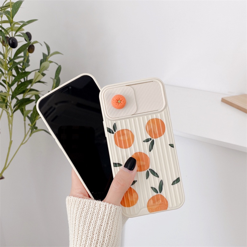 Ốp Điện Thoại Silicon Chống Va Chạm Có Thanh Trượt Cửa Sổ In Hình Quả Cam / Đào Cho iPhone 13 12 11 Pro Max XS Max