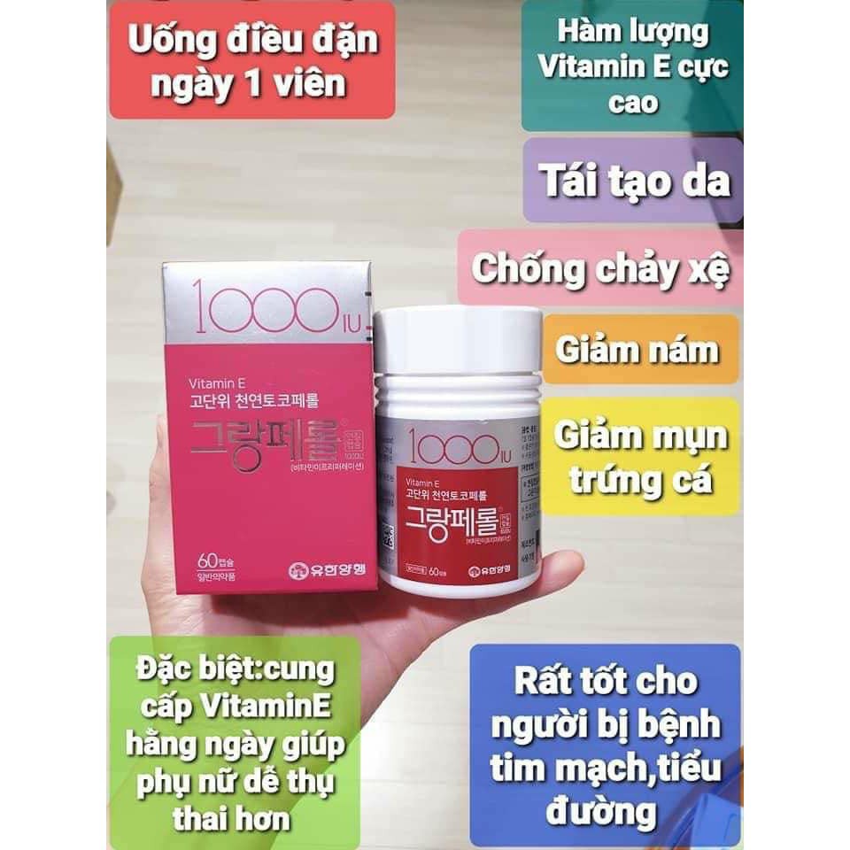 VITAMIN E ĐỎ HÀN QUỐC 1000IU HỘP 60 VIÊN ĐẸP DA CHỐNG LÃO HÓA KÉO DÀI TUỔI THANH XUÂN HÀNG NHẬP KHẨU CHÍNH HÃNG