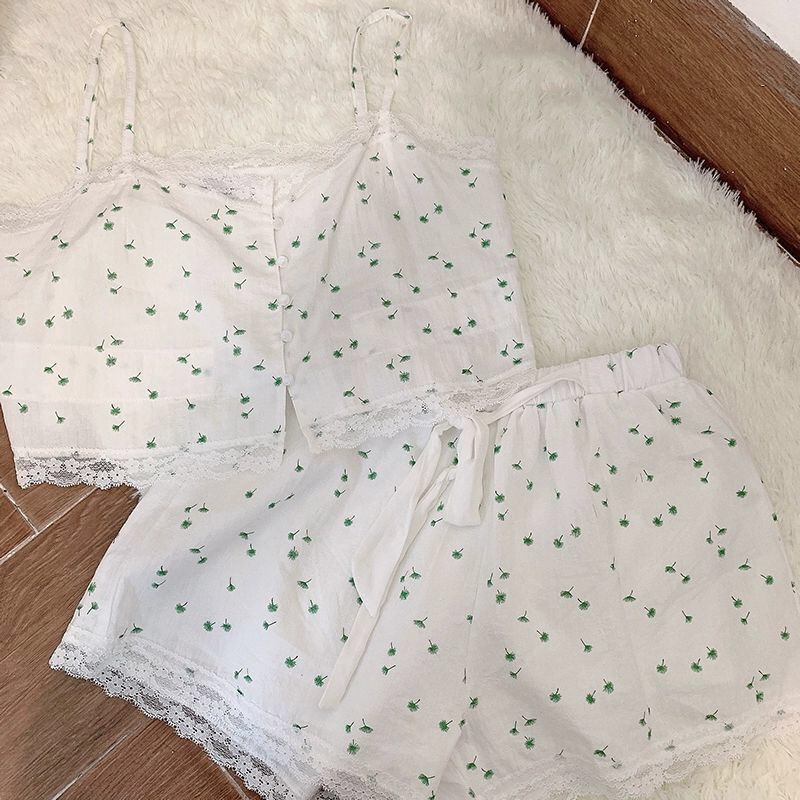 [Spot] Two-piece suit / thin and short fresh floral pattern / outerwear / underwear / sling / pajamas / women's home wear / suit