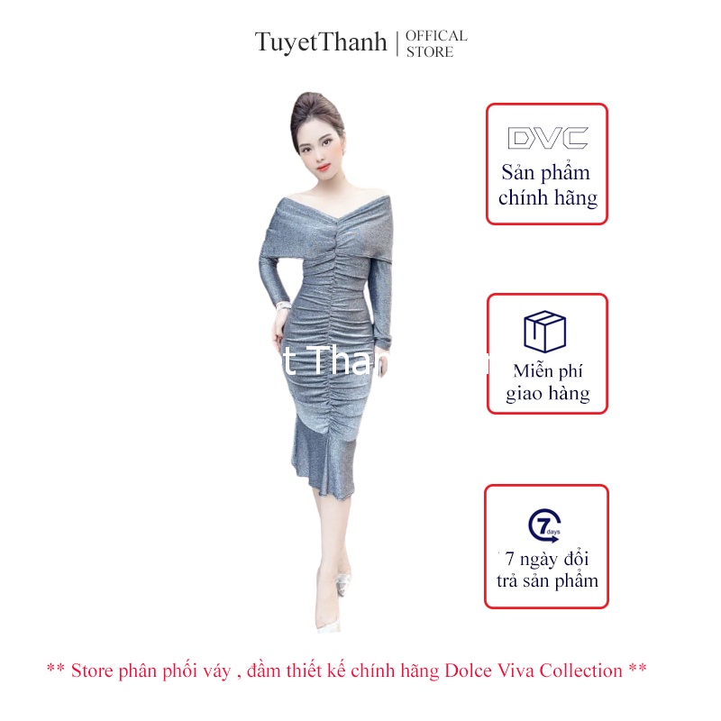 Váy Body Trễ Vai Chất Nhung Điểm Nhũ Hàn Cao Cấp TuyetThanhstore Mã V1779