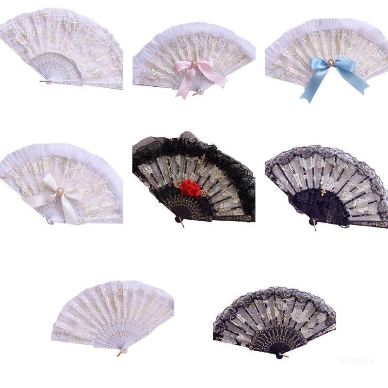 XIXI Quạt cầm tay vải ren họa tiết hoa phong cách Lolita