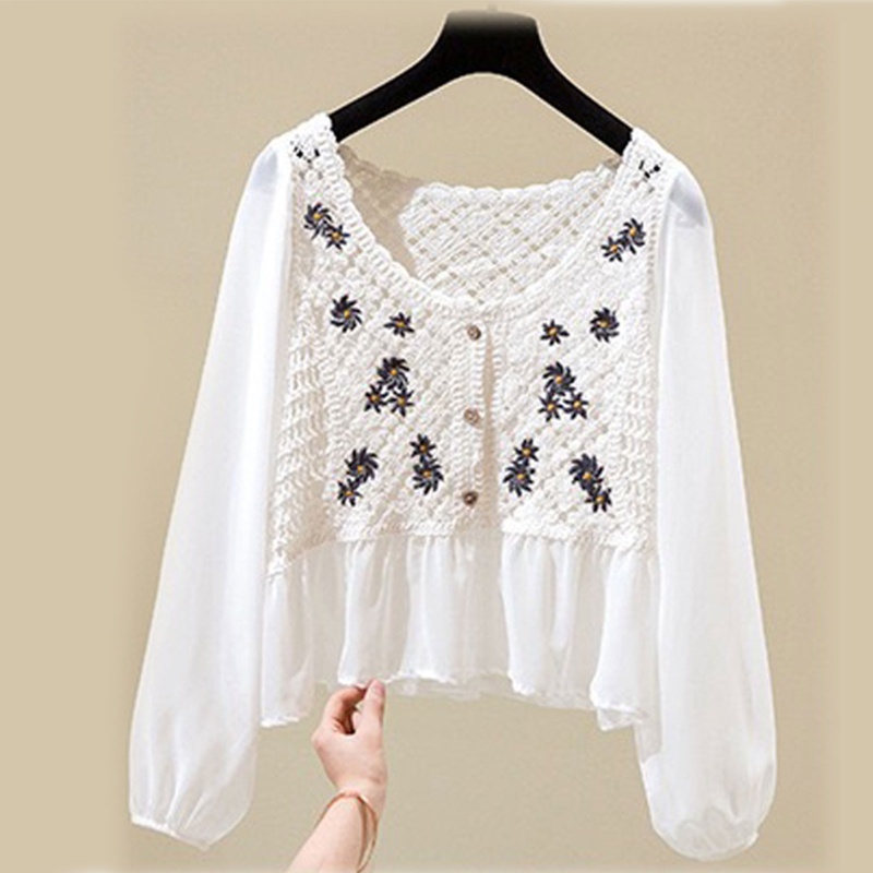 Brroa Áo Chiffon Tay Dài Phồng Thêu Hoa Phối Bèo Nhún Trước Thời Trang Cho Nữ