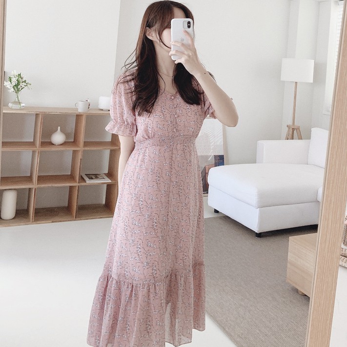 Đầm Tay Ngắn Cổ Chữ V In Hoa Phong Cách Hàn Quốc 43824