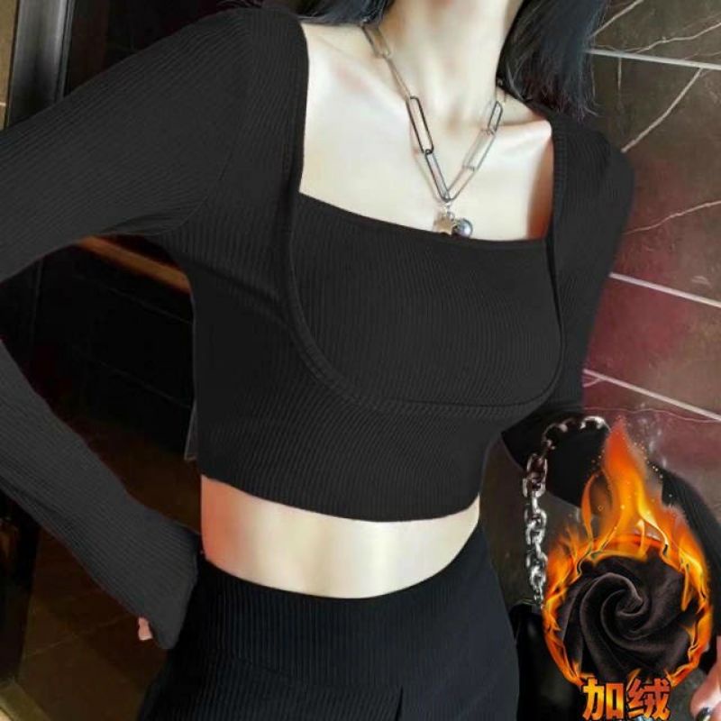 Áo cổ vuông croptop thun Gân phối kiểu A15