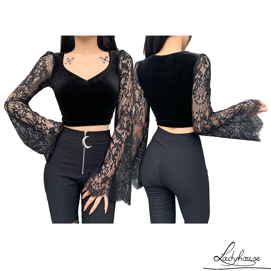 Áo croptop tay loe cổ chữ V phối ren xuyên thấu gợi cảm cho nữ