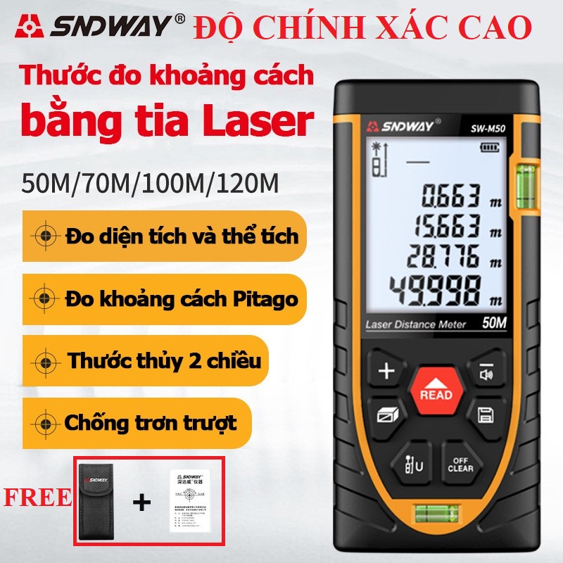 Máy đo khoảng cách bằng Laser SNDWAY độ chính xác cao tặng kèm pin và túi đựng 50M 100M