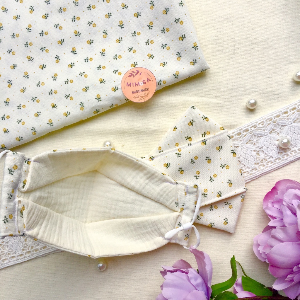 Combo khẩu trang vải 3D Linen + Scrunchies nơ họa tiết hoa nhí vintage