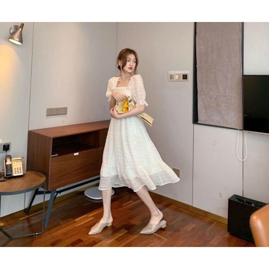 Váy chấm bi cổ vuông thắt nơ sau lưng dáng dài tiểu thư cô gái Pháp