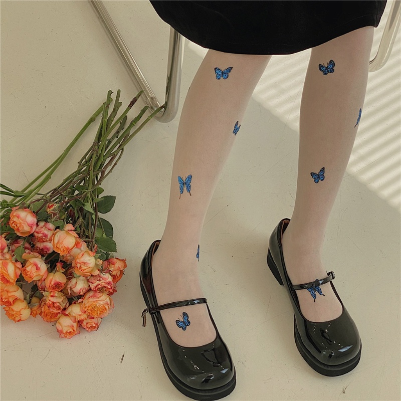 Quần tất siêu mỏng in họa tiết bướm xanh dương phong cách lolita dành cho nữ