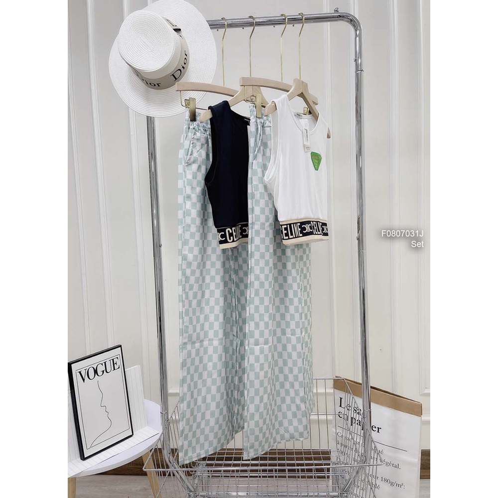 Set áo croptop ba lỗ ngực thêu logo+ quần suông caro!