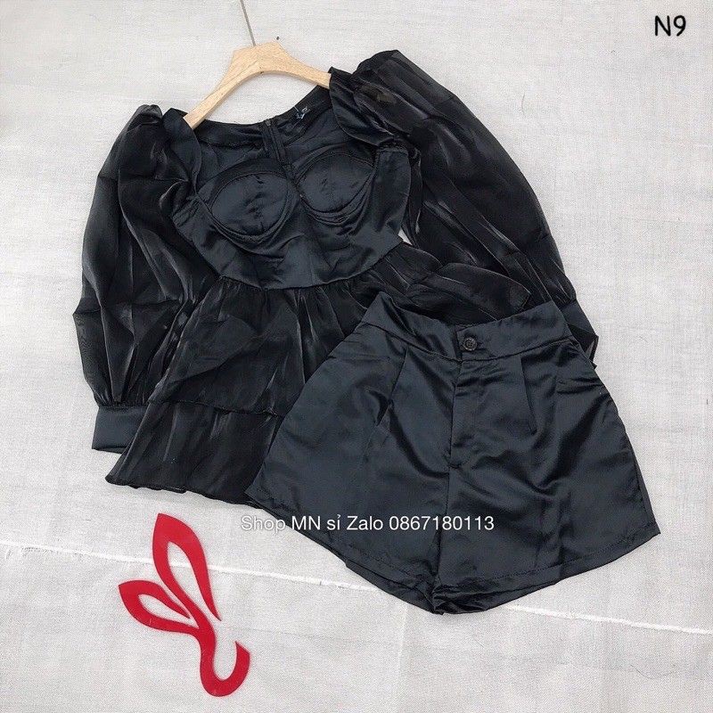 💫SET ÁO PEPLUM PHỐI TƠ GÂN NHŨ KÈM QUẦN SHORT LƯNG CAO💫