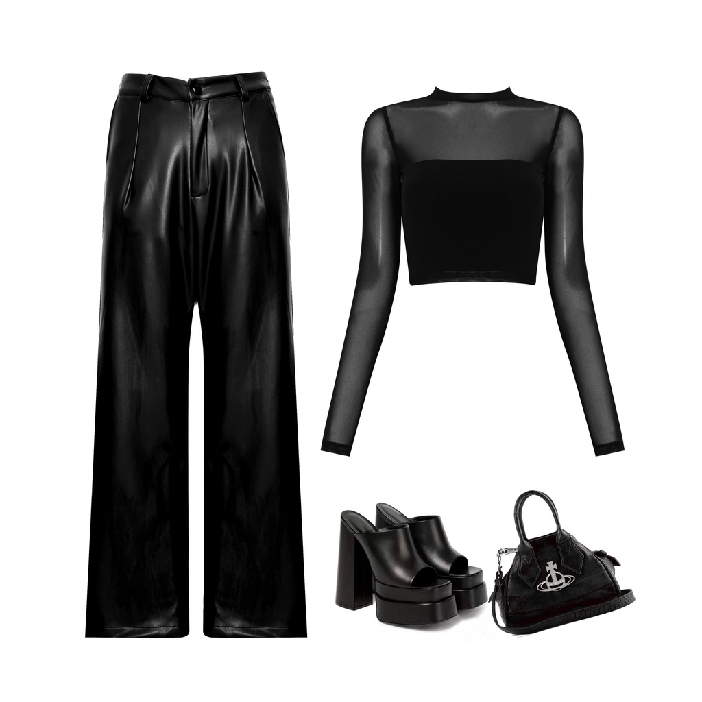 SET Quần Da Ống Rộng Lưng Cao Và Áo Croptop Phối Lưới .