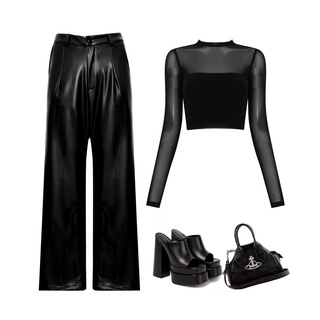 set quần da ống rộng lưng cao và áo croptop phối lưới .
