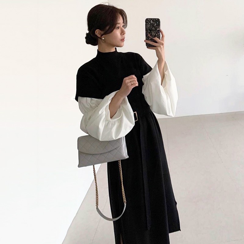 Đầm sơ mi chic tay bồng thắt eo sang trọng hai màu đen be