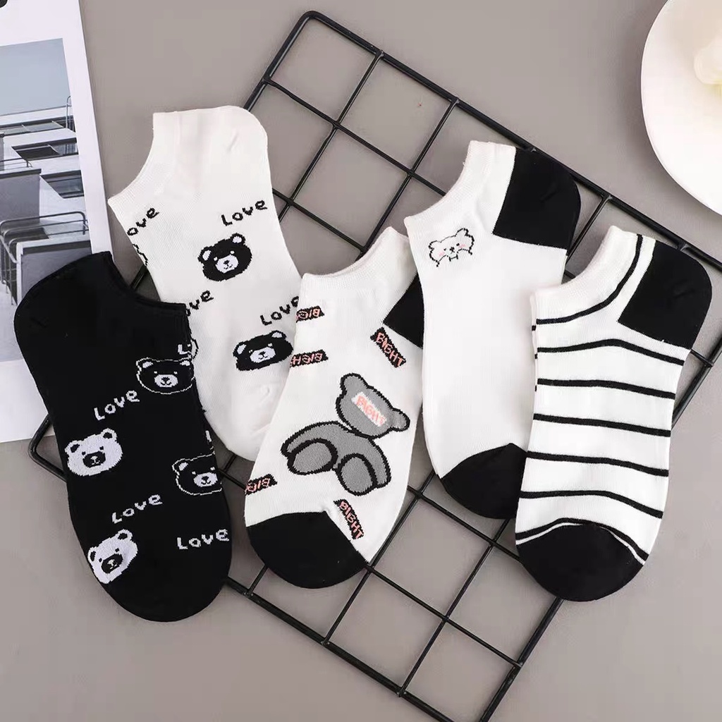 Tất cổ ngắn nữ phong cách trẻ trung, họa tiết hình gấu đáng yêu, chất liệu cotton, thấm hút mồ hôi TT84