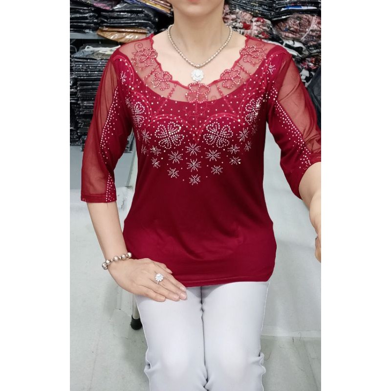 Áo trung niên cho mẹ,bà hoa thêu đá dập size 55-75kg. vải thun cotton bao đẹp