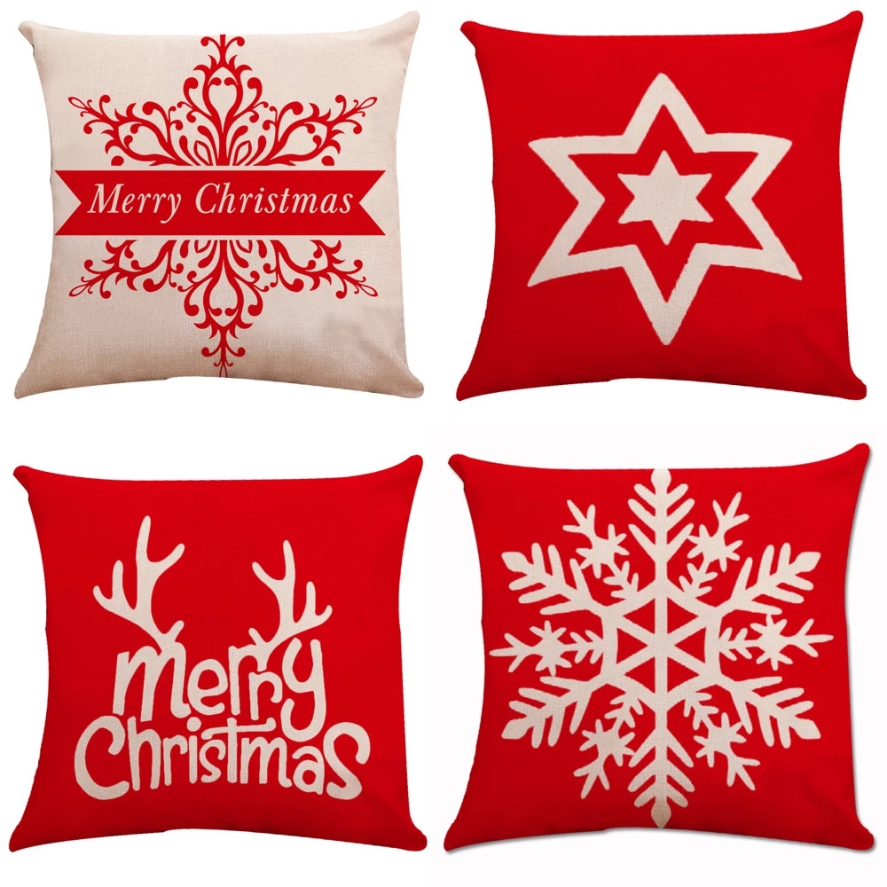 Christmas Cotton Linen Cushion Cover/ 45 x 45cm Red Reindeer Sofa Pillowcase/Christmas Home Decor
