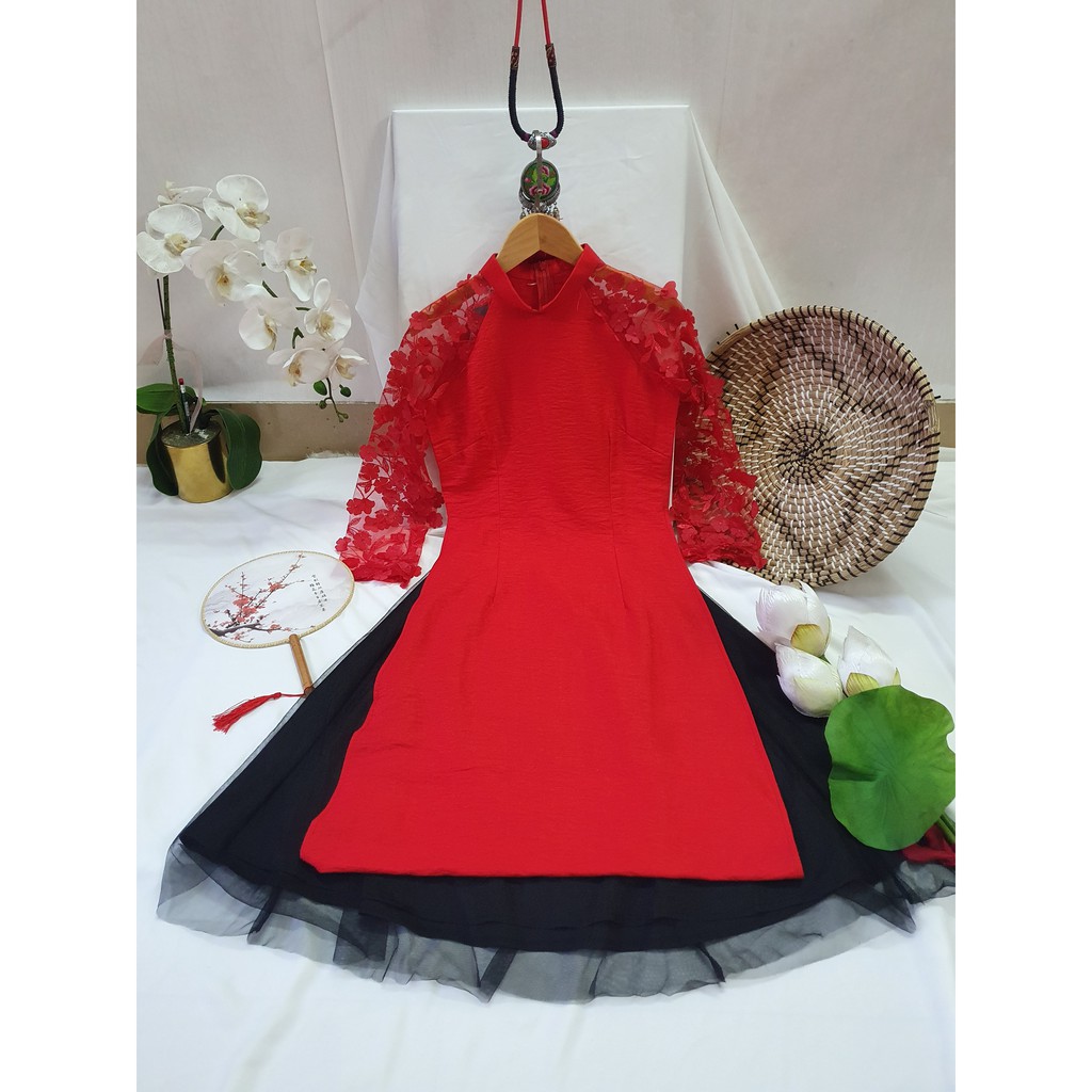 Áo dài nữ 🎀FREESHIP🎀 Áo dài cách tân tay hoa nổi kèm chân váy [ao dai dep]