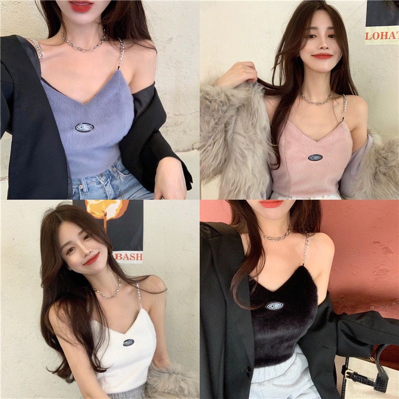 Áo hai dây croptop áo kiểu nữ nhung lông dáng ôm quyến rũ Yukibloom