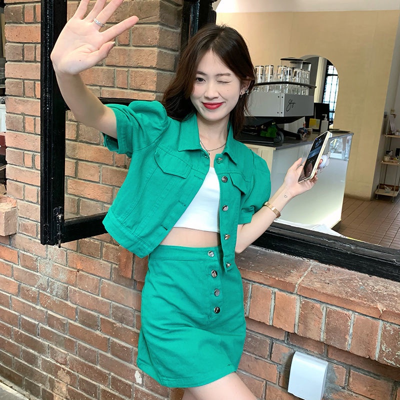 Denim jacket half skirt two sets of girls spring and summer 2022 new retro bubble sleeve short-sleeved jacket set