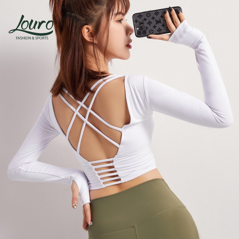 Áo tập gym yoga dài tay Louro LA31D, kiểu áo croptop body dài đan chéo, có sẵn mút ngực, chất liệu co giãn, thoáng mát