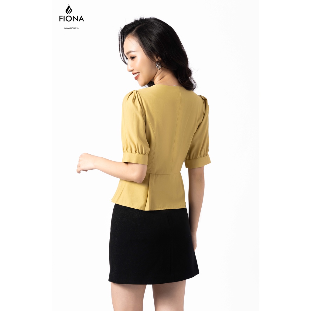 Áo sơ mi nữ cổ V dáng ôm Peplum xếp ly, tay bồng, thêu cổ FIONA F550322