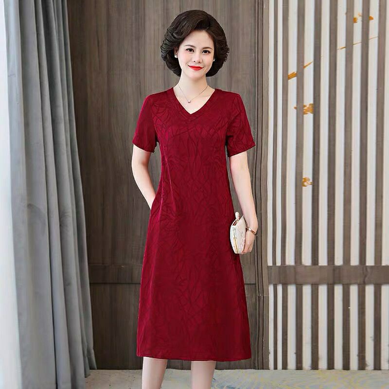 Đầm trung niên đầm nữ trung niên đơn giản Đầm Tay Ngắn Chất Liệu Lụa Thời Trang Mùa Hè Cho Phụ Nữ Trung Niên