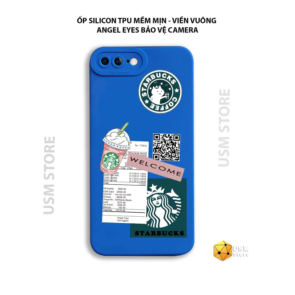 Ốp lưng iphone 7 plus / 8 plus chất TPU mềm mịn, viền vuông, mắt thiên thần bảo vệ camera, in hình Starbucks