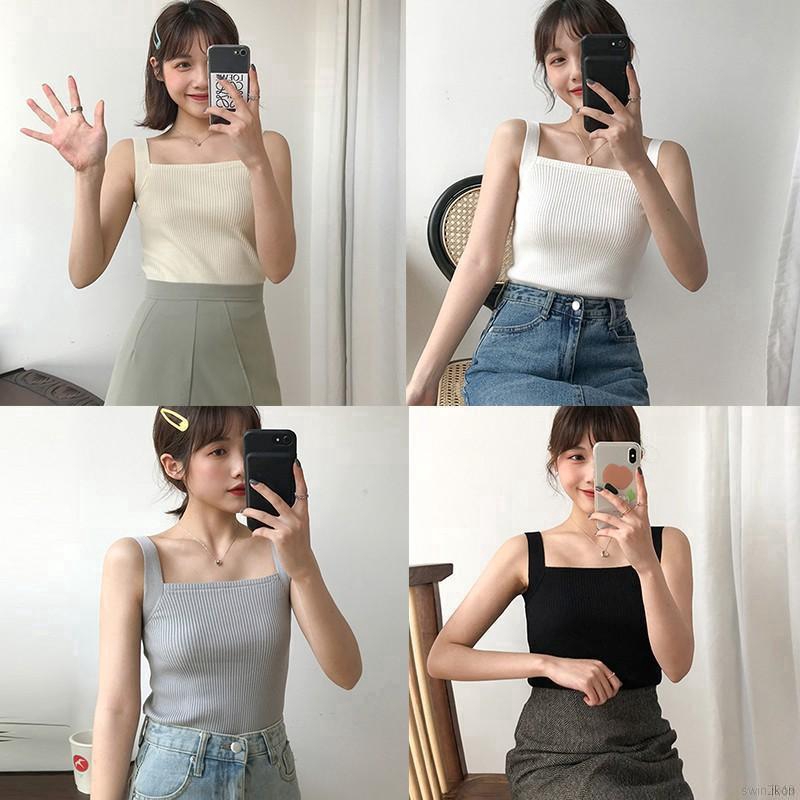 Áo Croptop Dệt Kim Nữ Sát Nách Cổ Vuông Màu Trơn Gợi Cảm