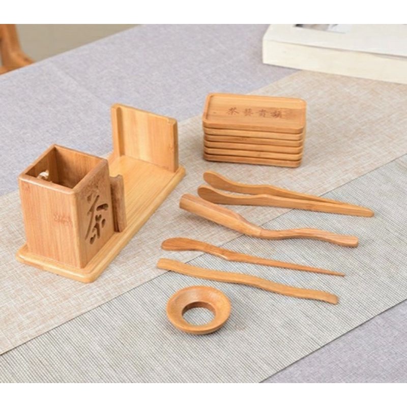 Combo bộ dụng cụ pha trà,6 miếng lót ly chén kèm hộp đựng chất liệu gỗ tre sang trọng