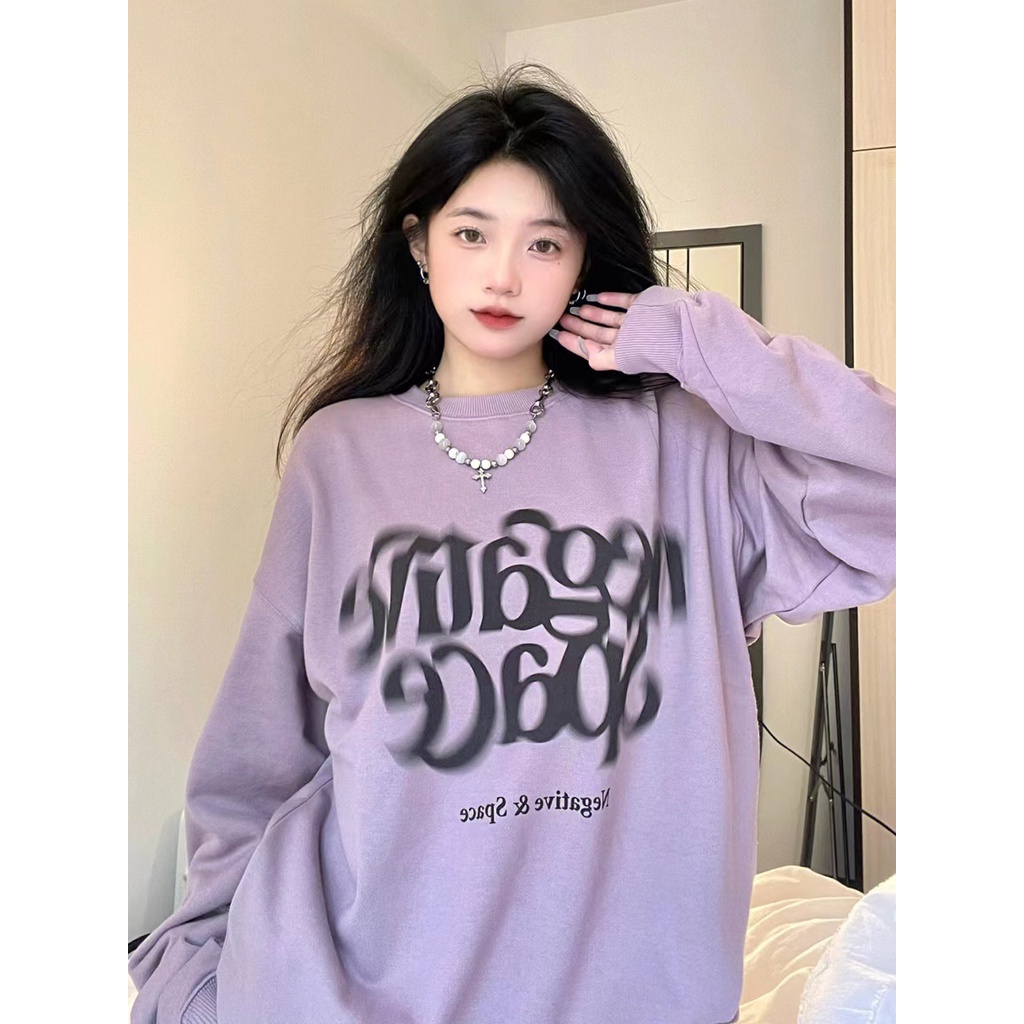 Áo sweater Cổ Tròn Dáng Rộng Màu Tím Phong Cách Mỹ Cổ Điển Thời Trang Cho Nữ