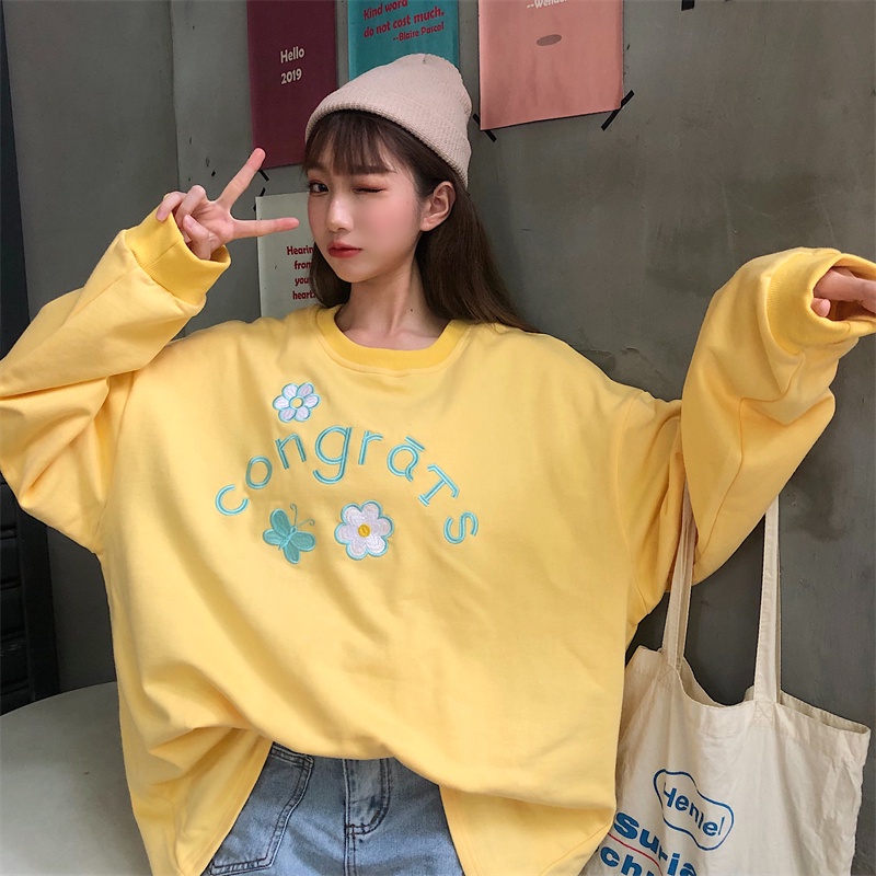 【ZHELIHANGFEI】Áo Thun Sweater Tay Dài Thêu Họa Tiết Xinh Xắn