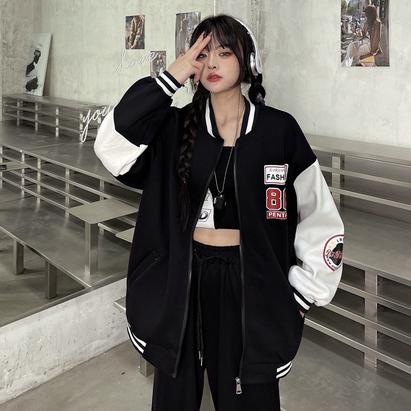 Áo Khoác Nỉ Bomber 86 Unisex Nam Nữ 2 Màu Đen Xám Form Rộng Ulzzang