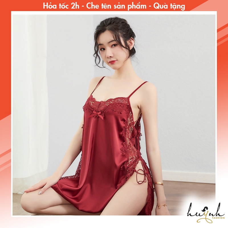 Đầm ngủ hai dây lụa phối ren xẻ tà dây đan hông sexy - N53
