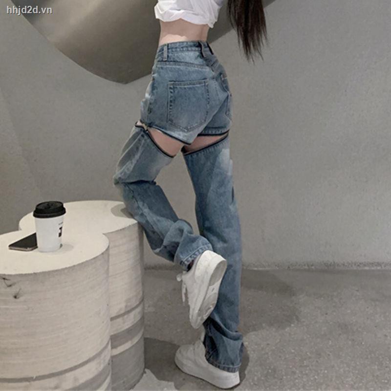Quần jeans lưng cao dáng rộng thiết kế cắt xẻ và khóa kéo thời trang mùa hè năng động