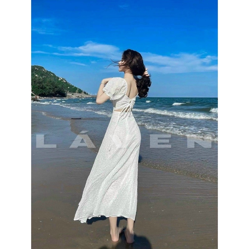 Đầm maxi xanh ren nổi cổ U cut lưng rút dây MS179 đi biển nhứt nách